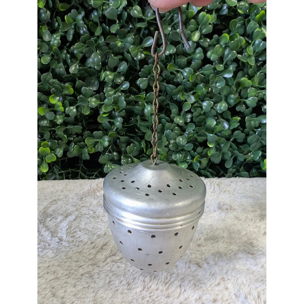 Vintage Aluminum Acorn Tea Infuser Ball Strainer with Chain and Hook Silver Tone